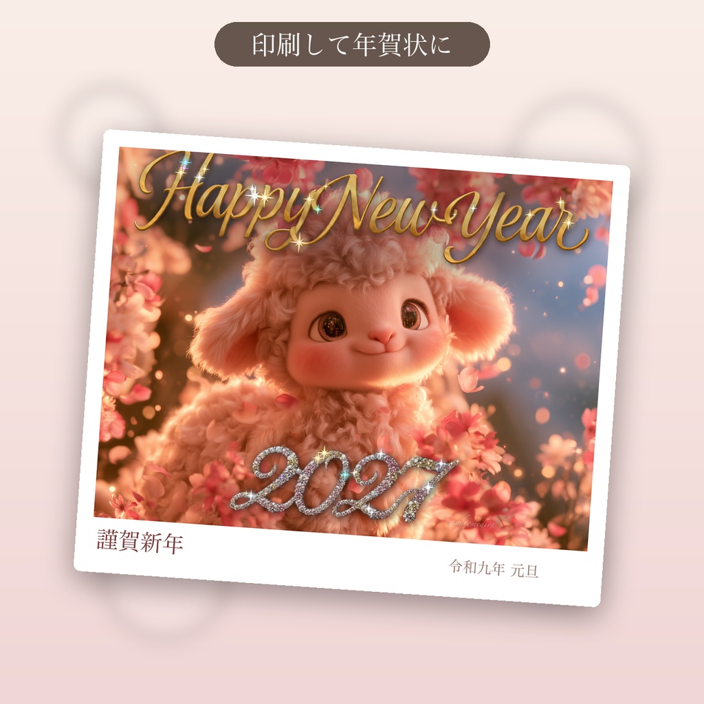 お正月メッセージカード2027|子羊と桜の煌めくお年賀画像(PNG+アニメWebP・全年齢) / New Year Card 2027 (Year of the Sheep) — Sparkling Animated Greeting