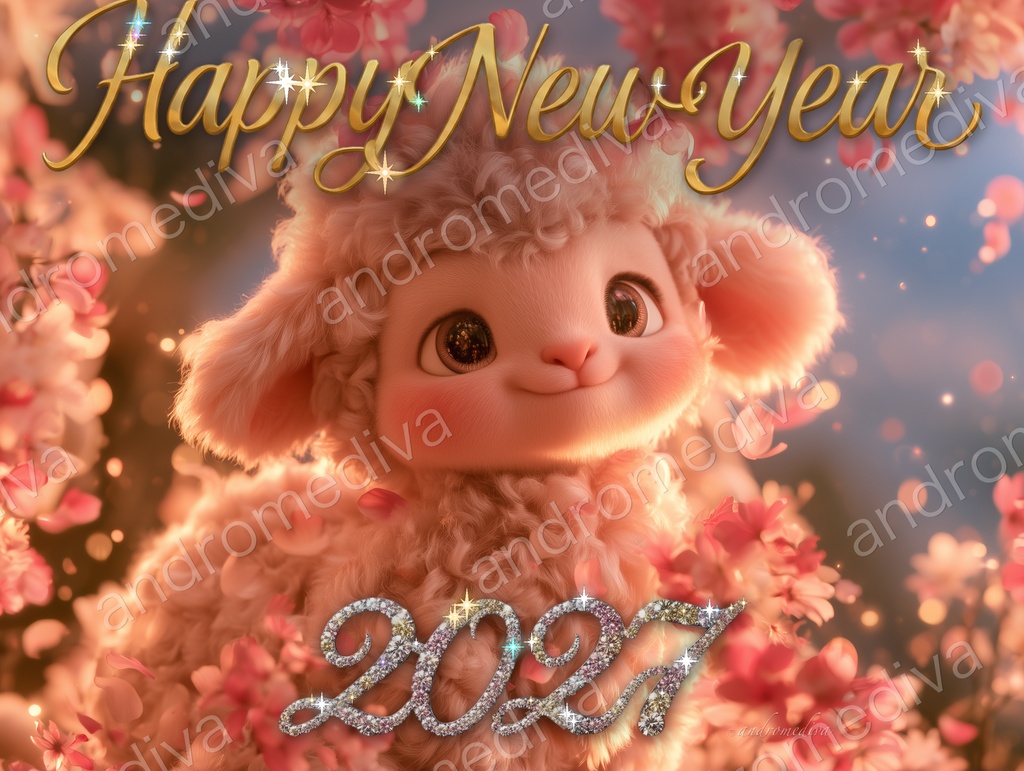 お正月メッセージカード2027|子羊と桜の煌めくお年賀画像(PNG+アニメWebP・全年齢) / New Year Card 2027 (Year of the Sheep) — Sparkling Animated Greeting