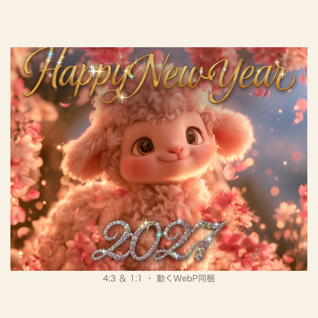 お正月メッセージカード2027|子羊と桜の煌めくお年賀画像(PNG+アニメWebP・全年齢) / New Year Card 2027 (Year of the Sheep) — Sparkling Animated Greeting