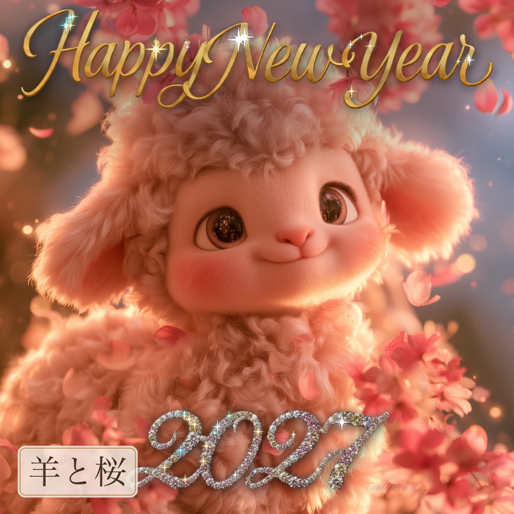 お正月メッセージカード2027｜子羊と桜の煌めくお年賀画像（PNG＋アニメWebP・全年齢） / New Year Card 2027 (Year of the Sheep) — Sparkling Animated Greeting