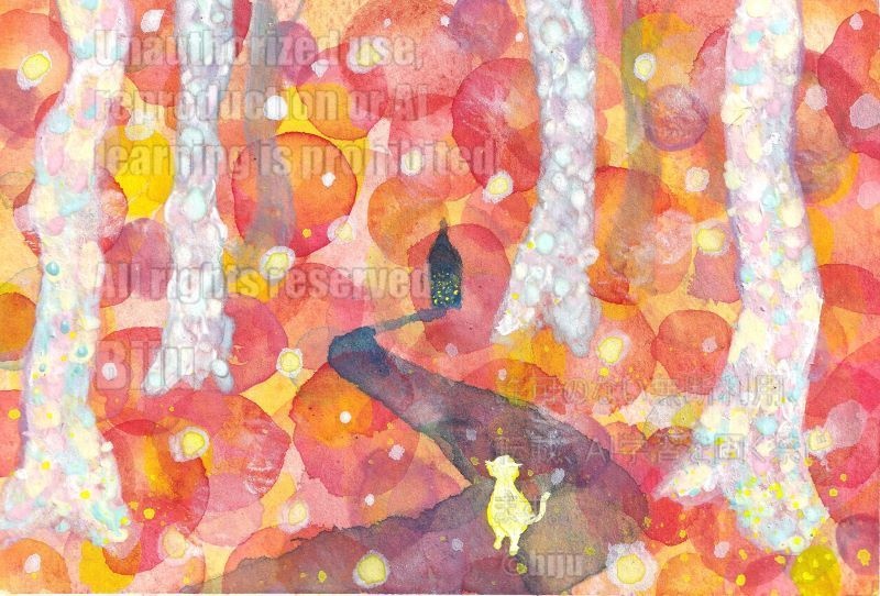 Dream Exit 原画【夢の出口】水彩画 猫 森
