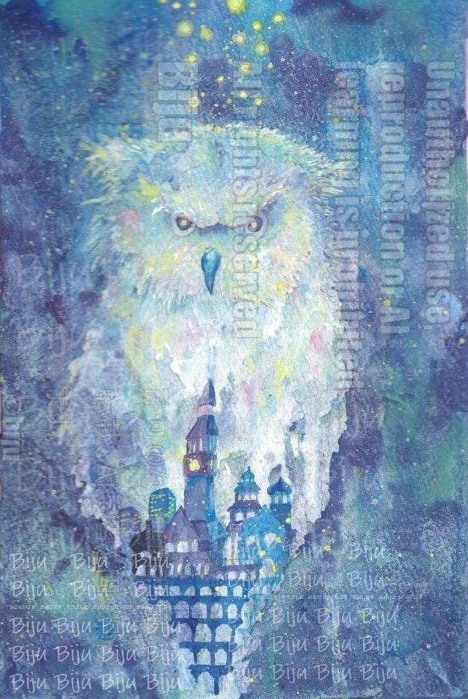 真夜中のふくろう 　　肉筆一点物原画