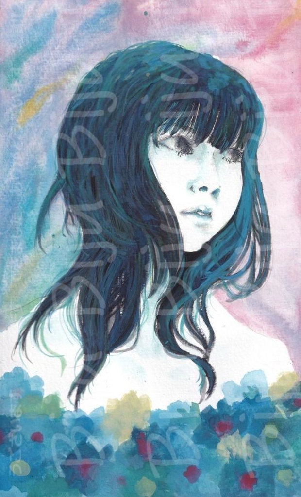 肉筆原画【花浴み】水彩画 女性の肖像portrait woman Flower