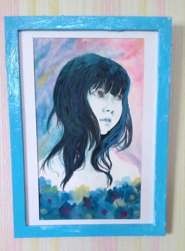 肉筆原画【花浴み】水彩画 女性の肖像portrait woman Flower