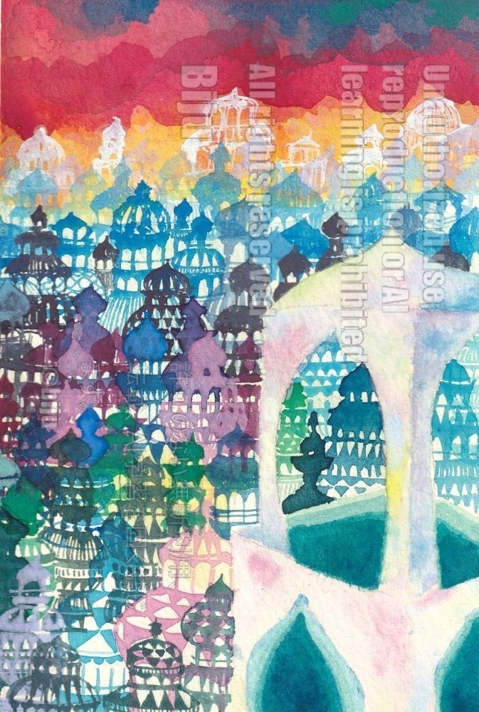 肉筆水彩原画【香油瓶の王都】水彩画