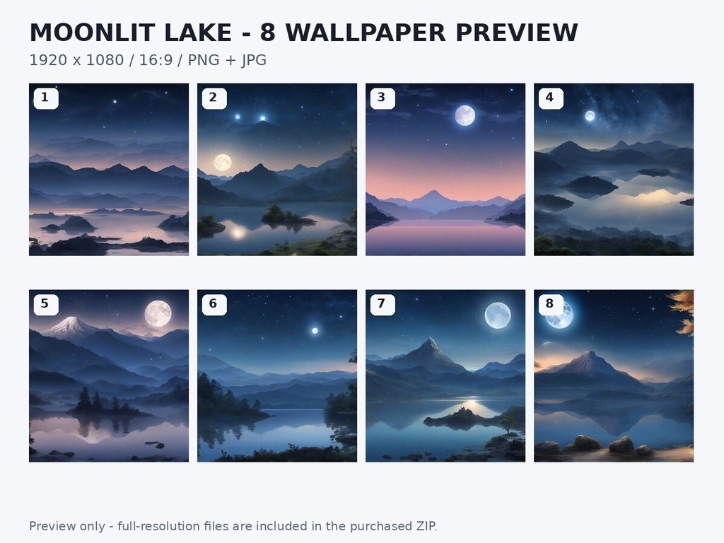 月夜の湖と山|PC壁紙8枚セット 1920×1080|Moonlit Lake