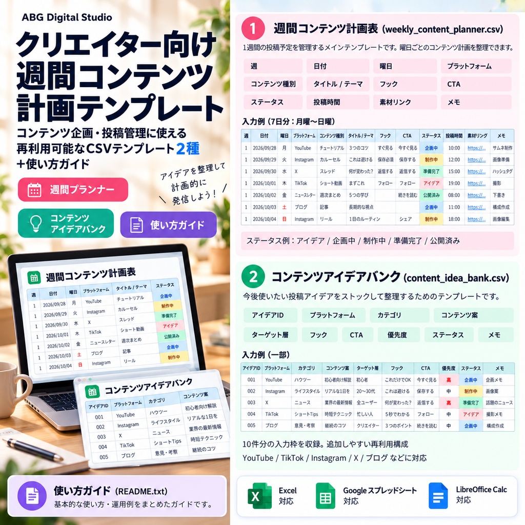 クリエイター向け週間コンテンツ計画表|CSVテンプレート2種|Creator Weekly Content Planner