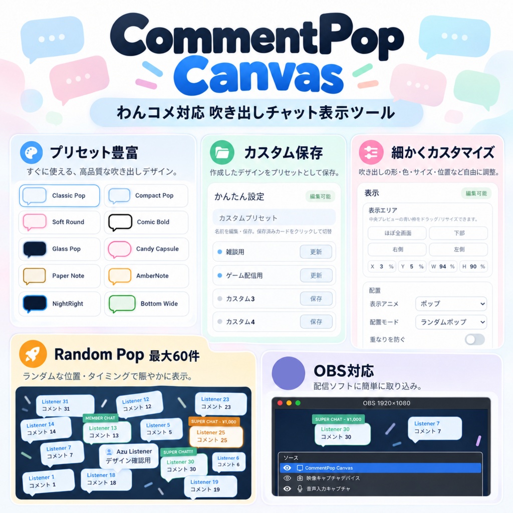 【10月末まで発売記念価格1,000円!】フキダシ ランダムポップツール【わんコメ専用/OBS対応】