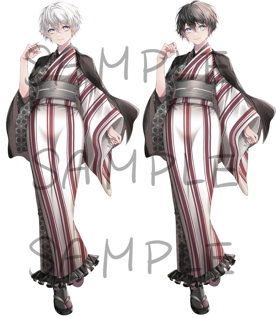 モダン和服少女 白黒 オプション猫耳尻尾