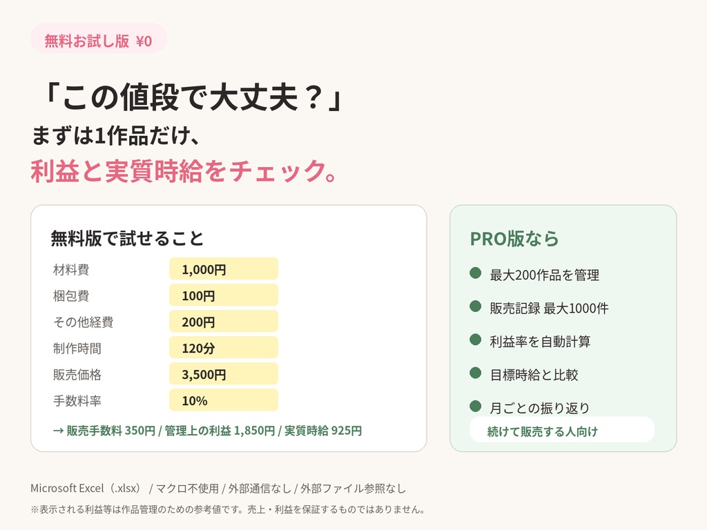 「この値段で大丈夫？」ハンドメイド利益チェック【無料お試し版】