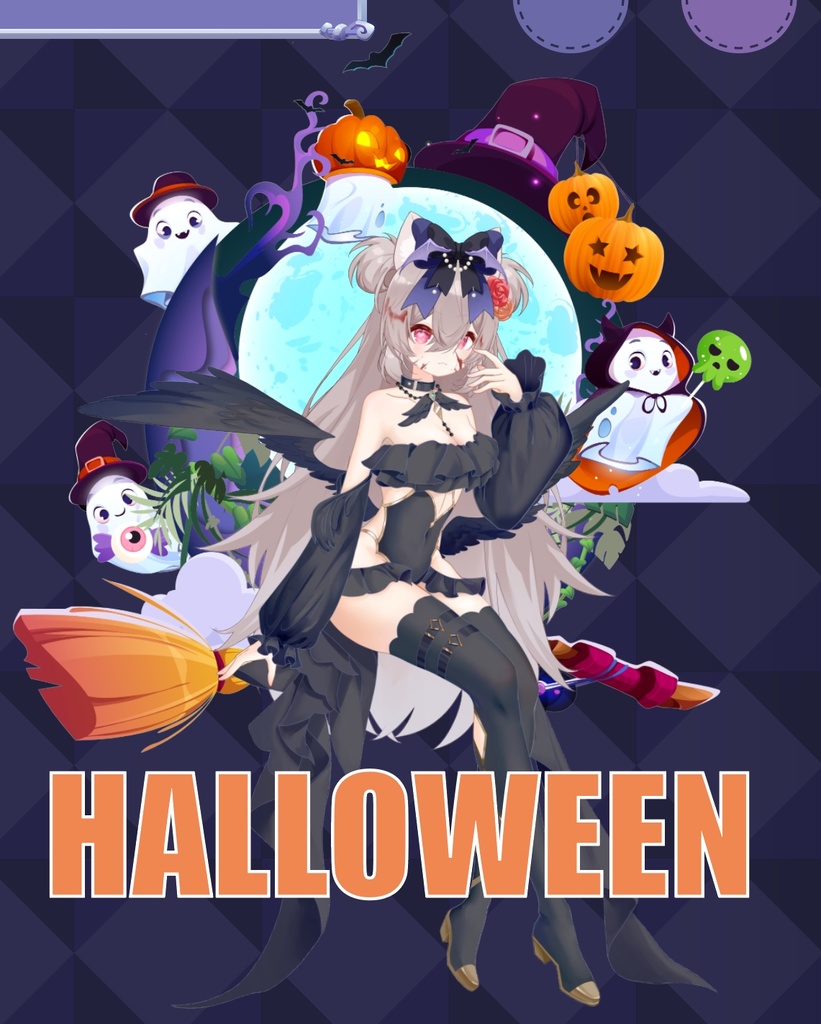 【Live2Dアパレル vts配信素材】萬聖節 黑白両色 ハロウィンの魔女 Live2Dモデルの展示衣装デザイン