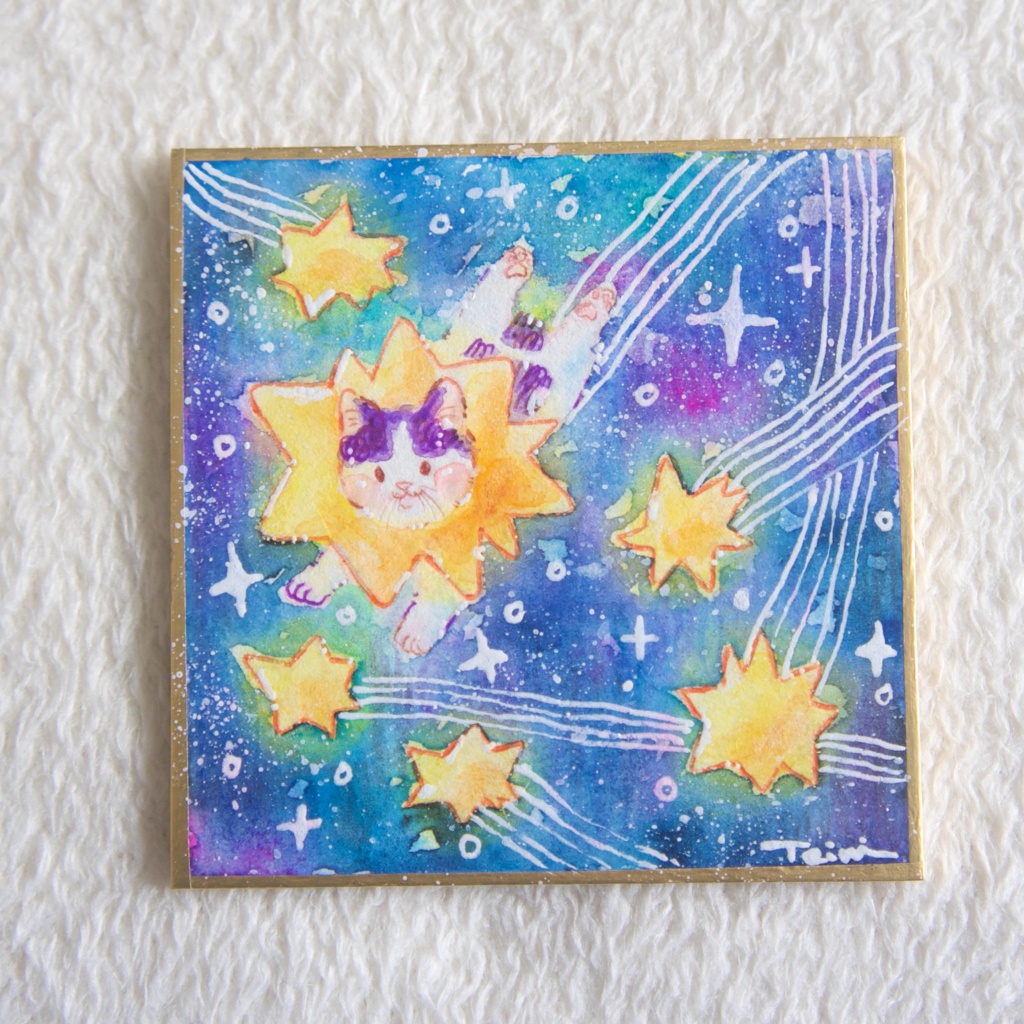 【豆色紙】ハートと流れ星【水彩原画】