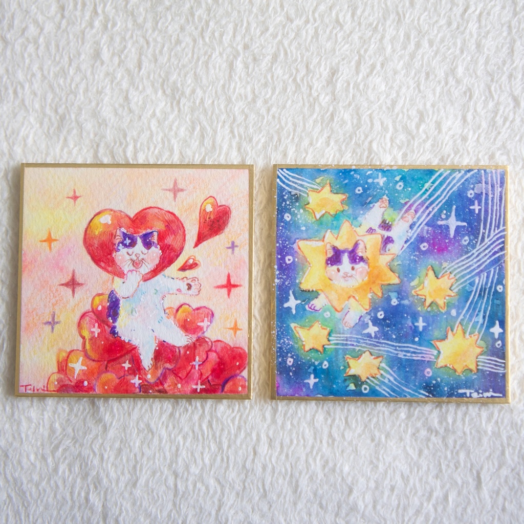 【豆色紙】ハートと流れ星【水彩原画】