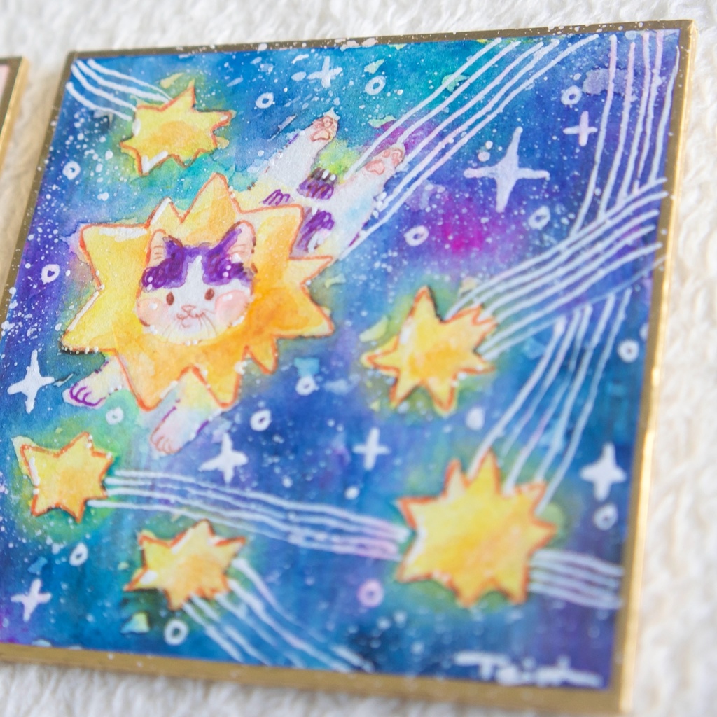 【豆色紙】ハートと流れ星【水彩原画】