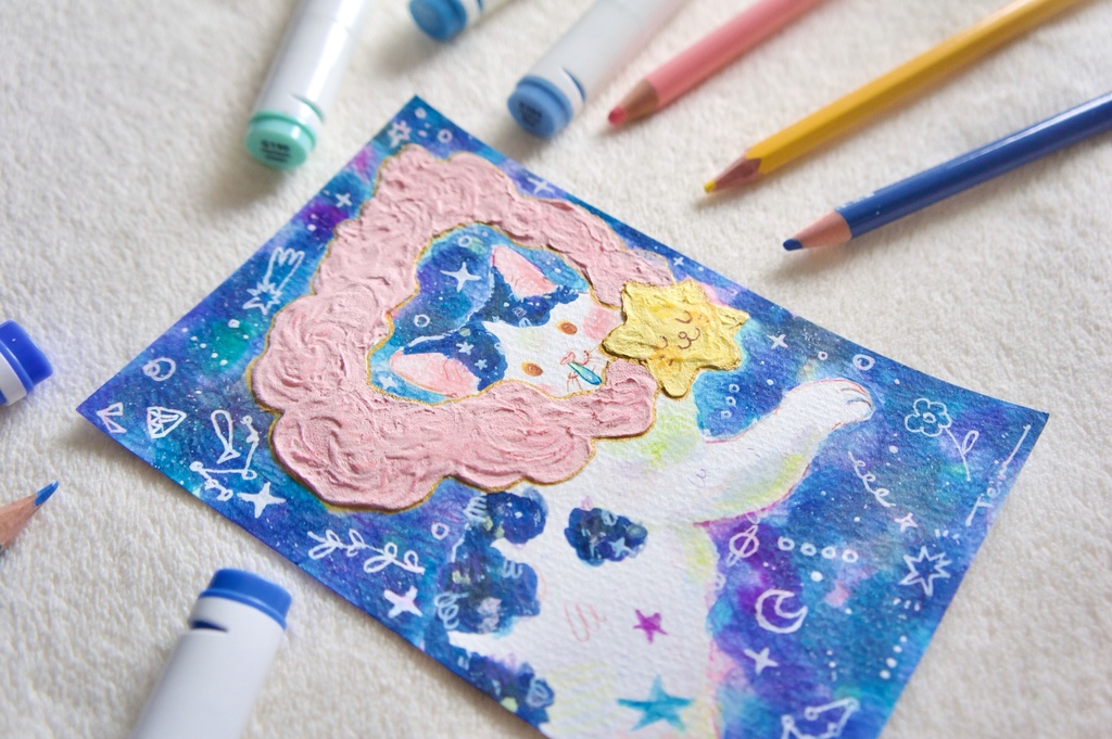 【ポストカード原画】流れ星マフラー