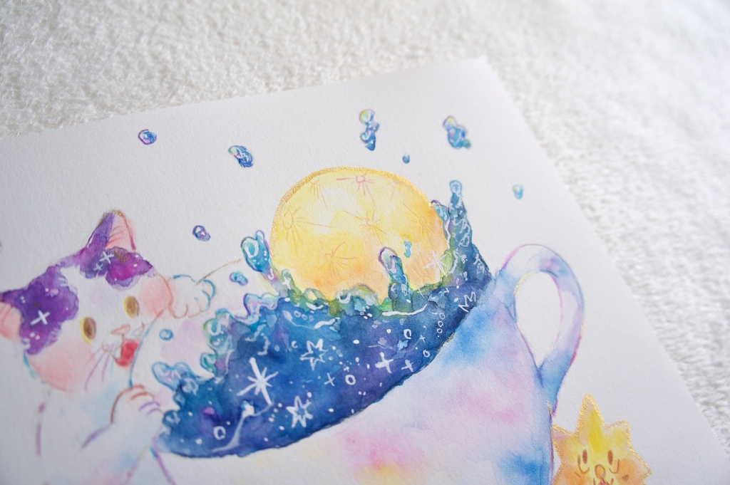 【水彩原画】夜空珈琲に満月のお砂糖を1つ