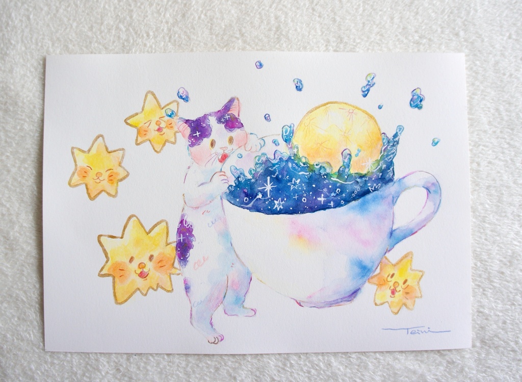 【水彩原画】夜空珈琲に満月のお砂糖を1つ