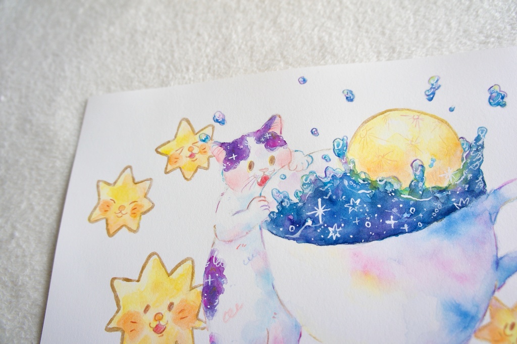 【水彩原画】夜空珈琲に満月のお砂糖を1つ