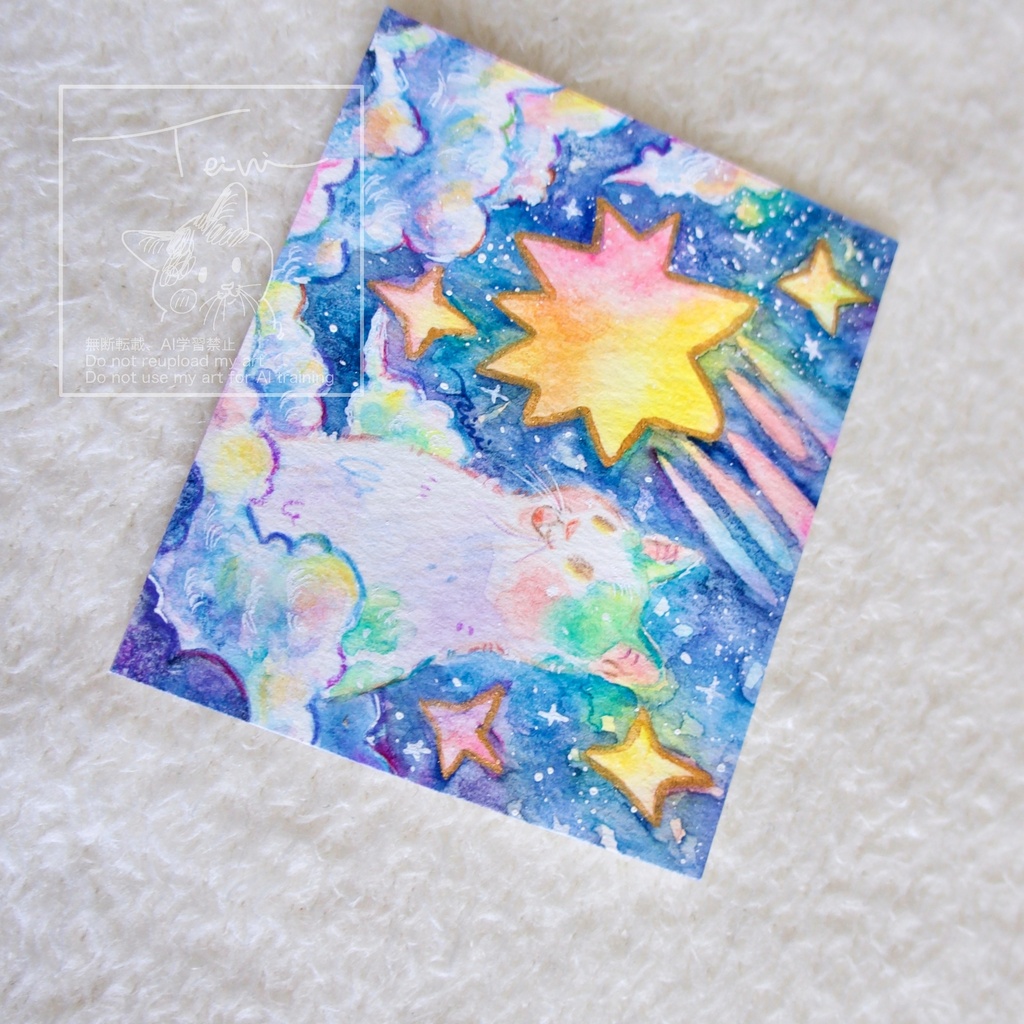【額装水彩原画】星降る雲の上で