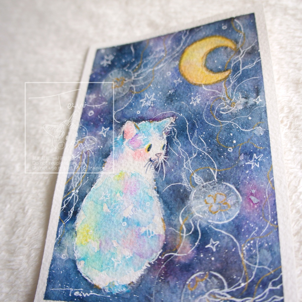 【水彩原画】月夜と海月
