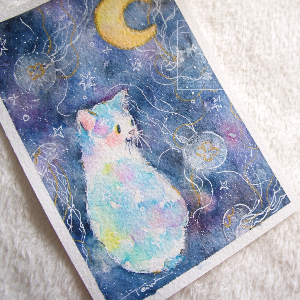 【水彩原画】月夜と海月