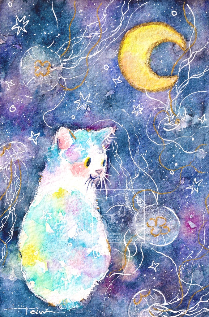 【水彩原画】月夜と海月