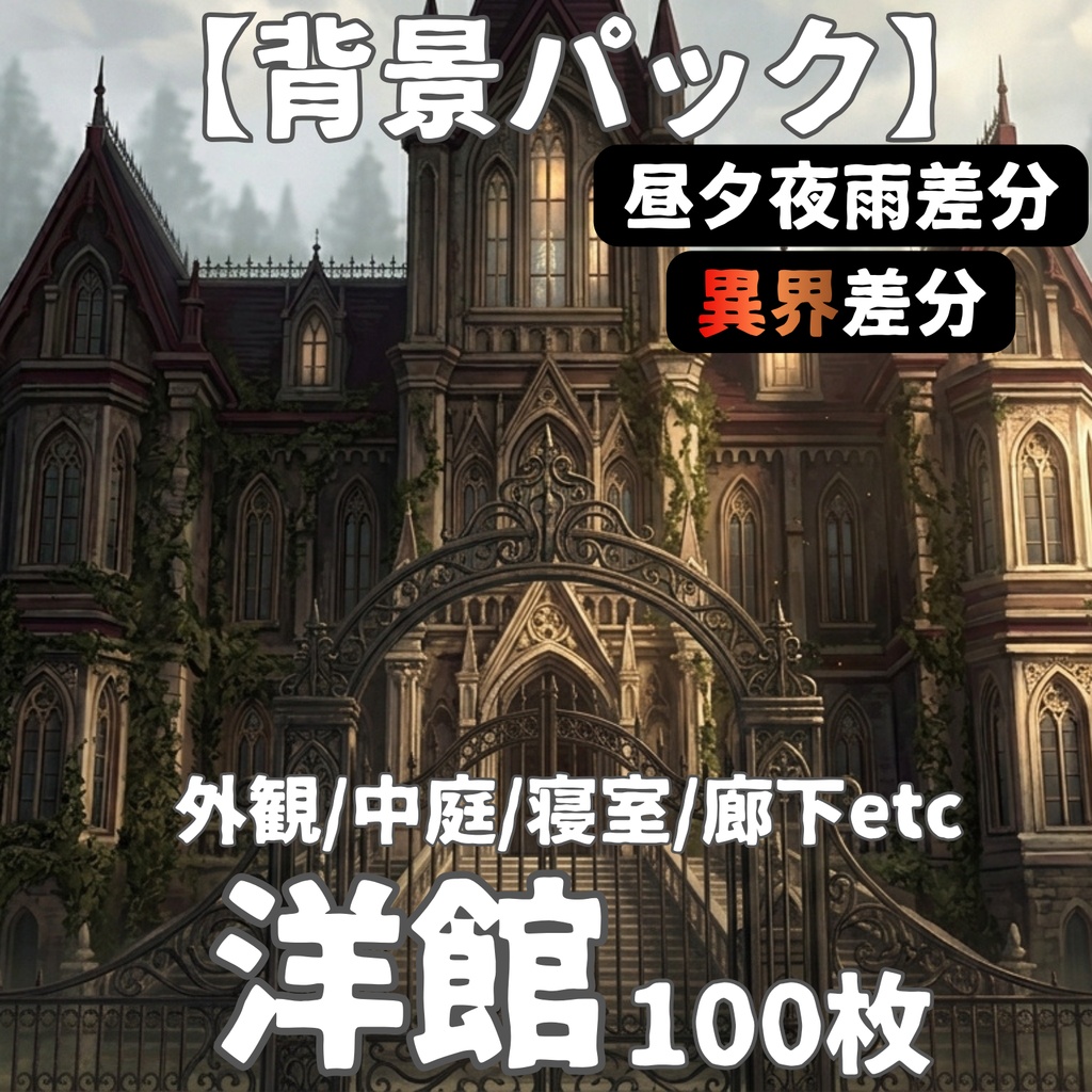【TRPG背景素材/CoC/ゲーム素材/ココフォリア】ラブクラフト系洋館ホラー アニメ調背景100枚セット｜20シーン×5差分（昼/夕/夜/雨/異界化）
