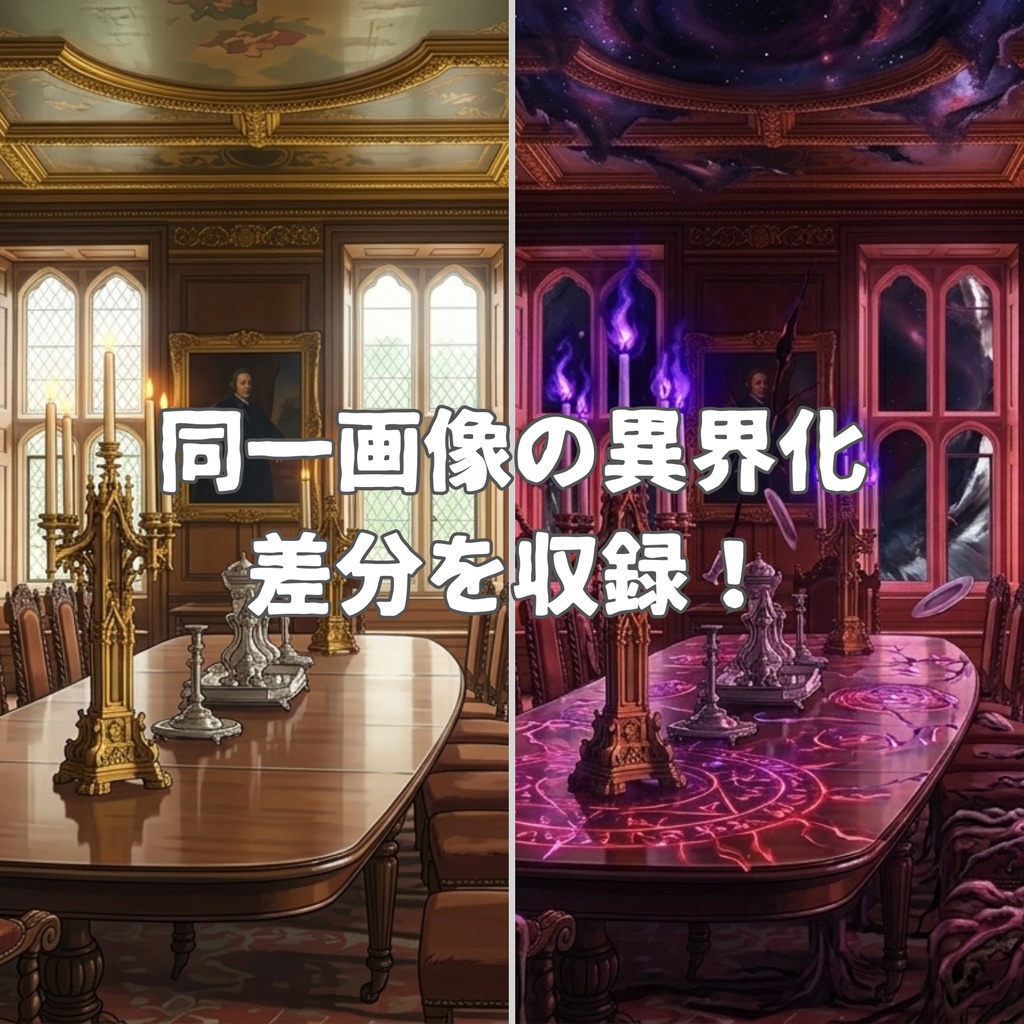 【TRPG背景素材/CoC/ゲーム素材/ココフォリア】ラブクラフト系洋館ホラー アニメ調背景100枚セット|20シーン×5差分(昼/夕/夜/雨/異界化)