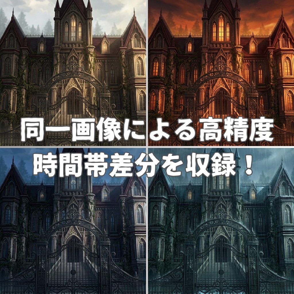 【TRPG背景素材/CoC/ゲーム素材/ココフォリア】ラブクラフト系洋館ホラー アニメ調背景100枚セット|20シーン×5差分(昼/夕/夜/雨/異界化)