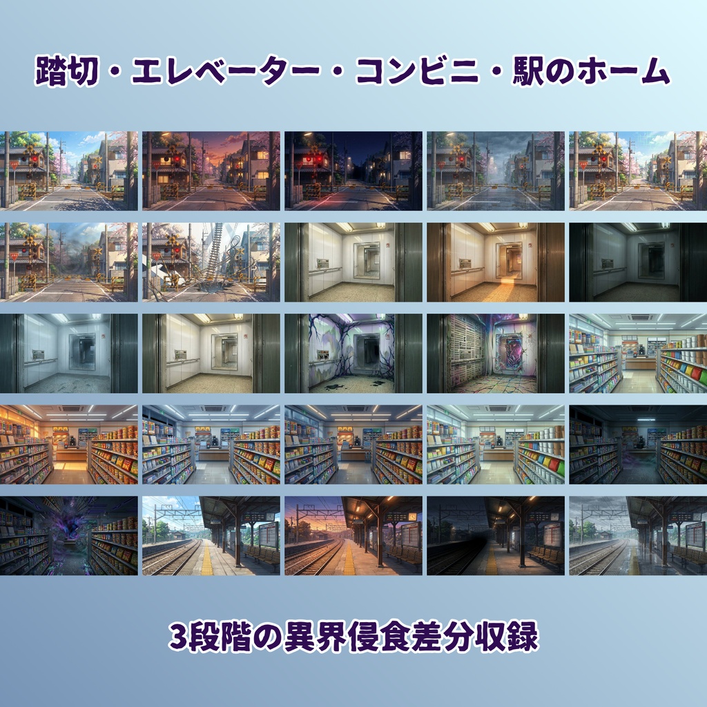 【CoC・マーダーミステリー・インセイン対応】日常×異界 背景素材パック 105枚【全15ロケーション×7差分 通常/夕/夜/雨/異界侵食弱中強】【TRPG背景素材】