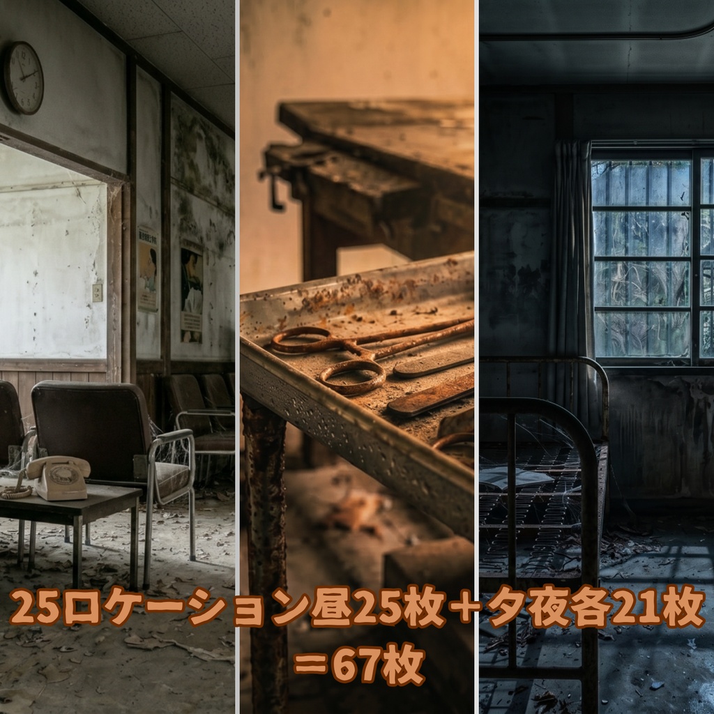 【背景素材67枚】朽ちた記憶の病棟 ― 昭和廃病院昼夕夜差分あり(TRPG背景素材・ノベルゲーム向け)