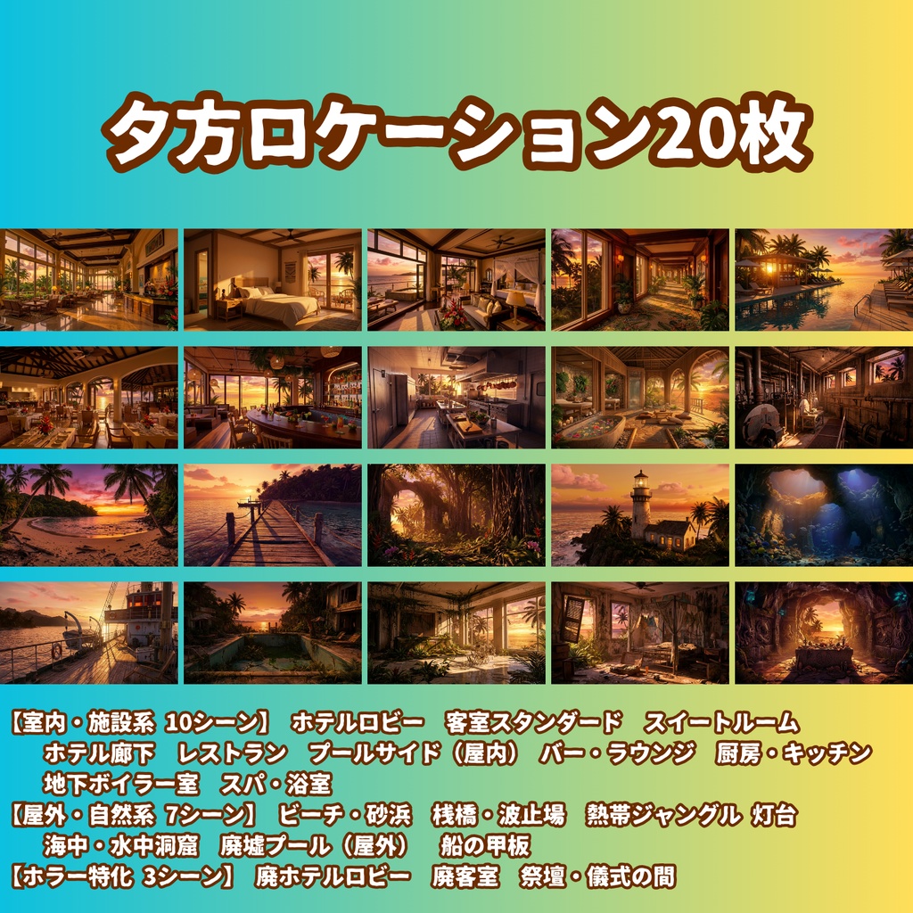 ★先行セール中★【背景100枚】南国リゾートホテル・孤島|5差分(昼/夕/夜/嵐/停電)【CoC/TRPG背景素材/ゲーム素材/ホラー】