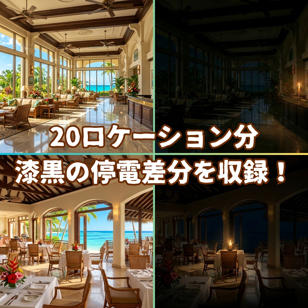★先行セール中★【背景100枚】南国リゾートホテル・孤島|5差分(昼/夕/夜/嵐/停電)【CoC/TRPG背景素材/ゲーム素材/ホラー】
