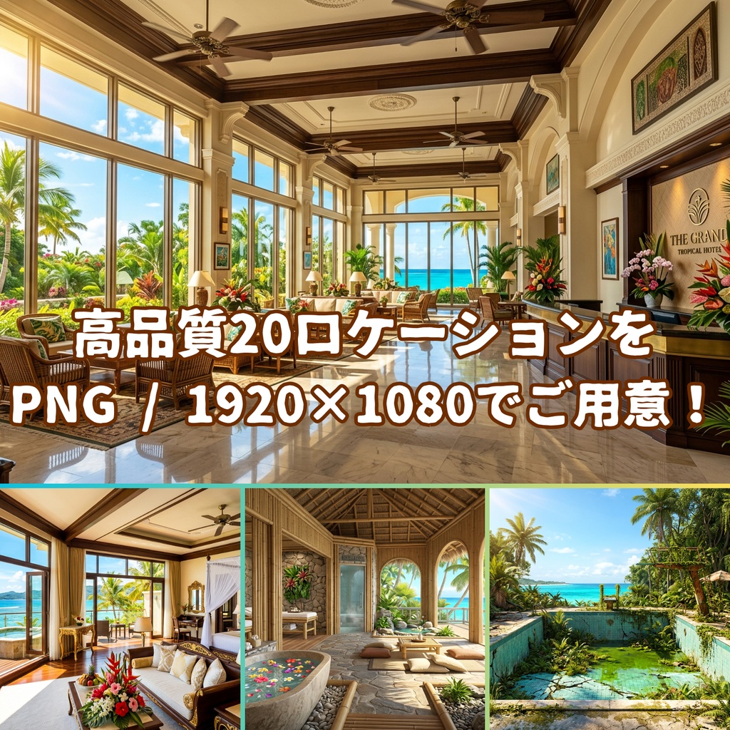★先行セール中★【背景100枚】南国リゾートホテル・孤島|5差分(昼/夕/夜/嵐/停電)【CoC/TRPG背景素材/ゲーム素材/ホラー】