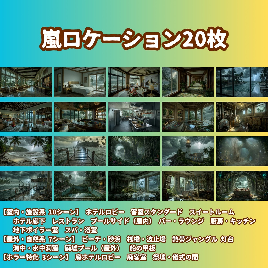 ★先行セール中★【背景100枚】南国リゾートホテル・孤島|5差分(昼/夕/夜/嵐/停電)【CoC/TRPG背景素材/ゲーム素材/ホラー】