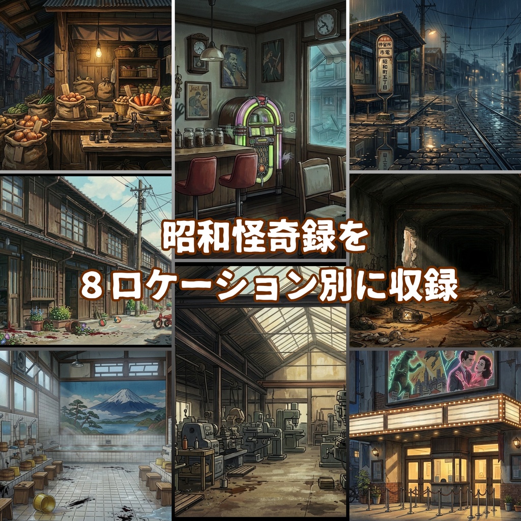【昭和怪奇 背景150枚】昭和怪奇録|闇市・銭湯・工場・防空壕|5差分(昼夜雨怪奇血痕)【帝都怪奇譚シリーズ/TRPG背景素材/CoC/昭和】