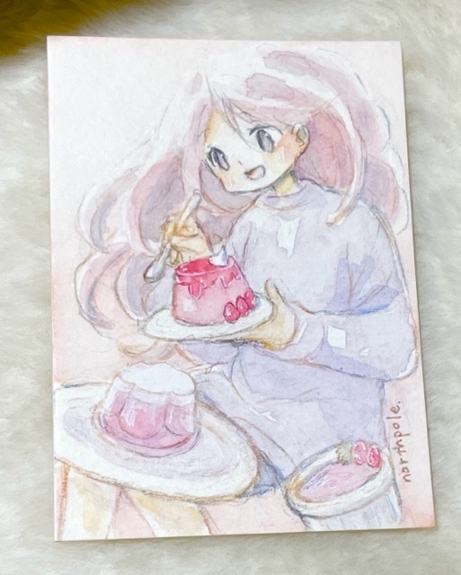 【水彩原画】いちごプリン