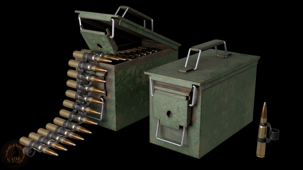 Military Ammo Box & Bullet Belt (PBR / Game-Ready) 弾薬箱と弾帯