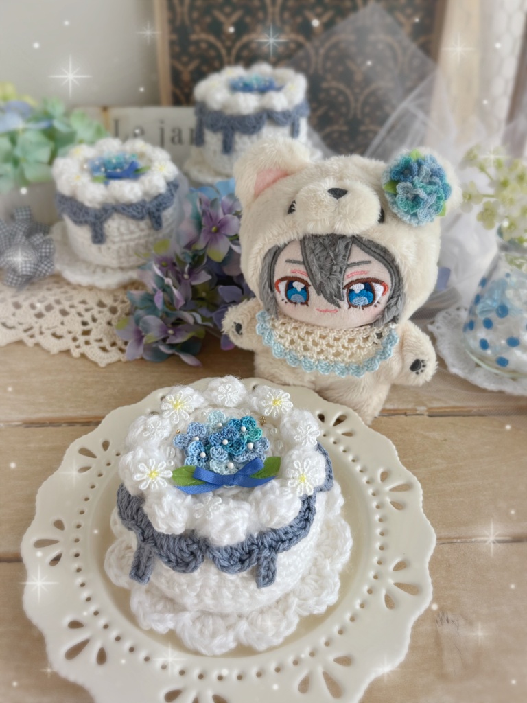 💠手の平サイズのあみぐるみケーキ 紫陽花のケーキ💠