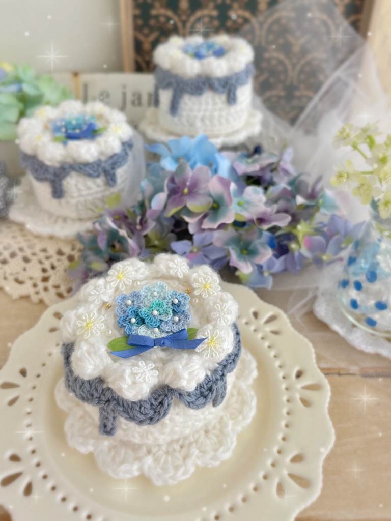 💠手の平サイズのあみぐるみケーキ 紫陽花のケーキ💠