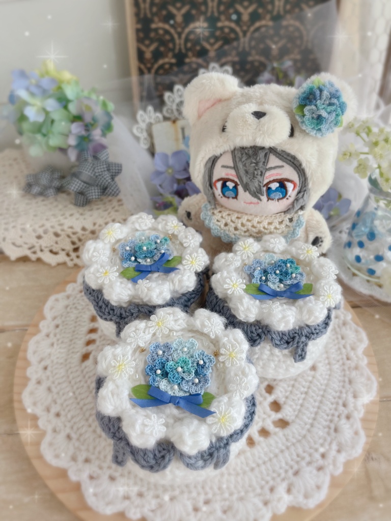💠手の平サイズのあみぐるみケーキ 紫陽花のケーキ💠