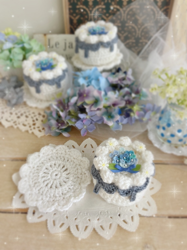 💠手の平サイズのあみぐるみケーキ 紫陽花のケーキ💠