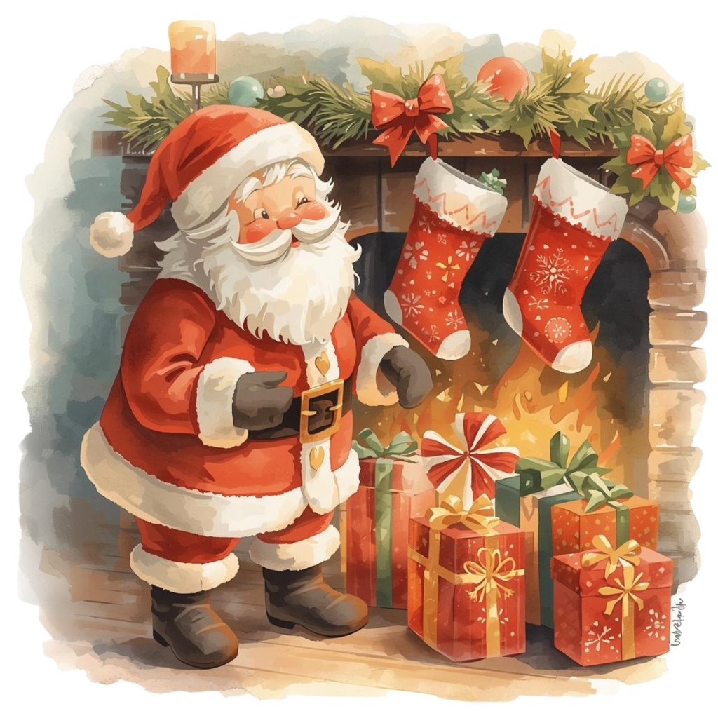 水彩クリスマスクリップアートセット – サンタ&クリスマスツリー&ホリデーイラスト21点