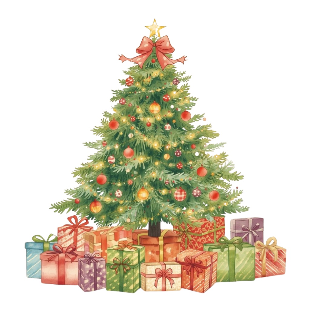 水彩クリスマスクリップアートセット – サンタ&クリスマスツリー&ホリデーイラスト21点