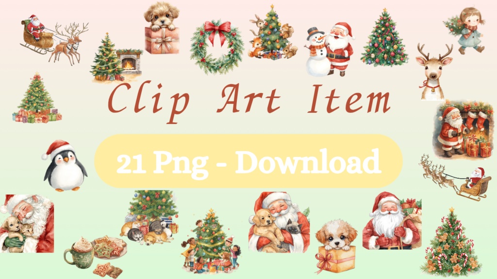 水彩クリスマスクリップアートセット – サンタ&クリスマスツリー&ホリデーイラスト21点