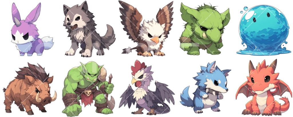 【総集編】かわいいモンスター素材（10セット分：63枚）［001］