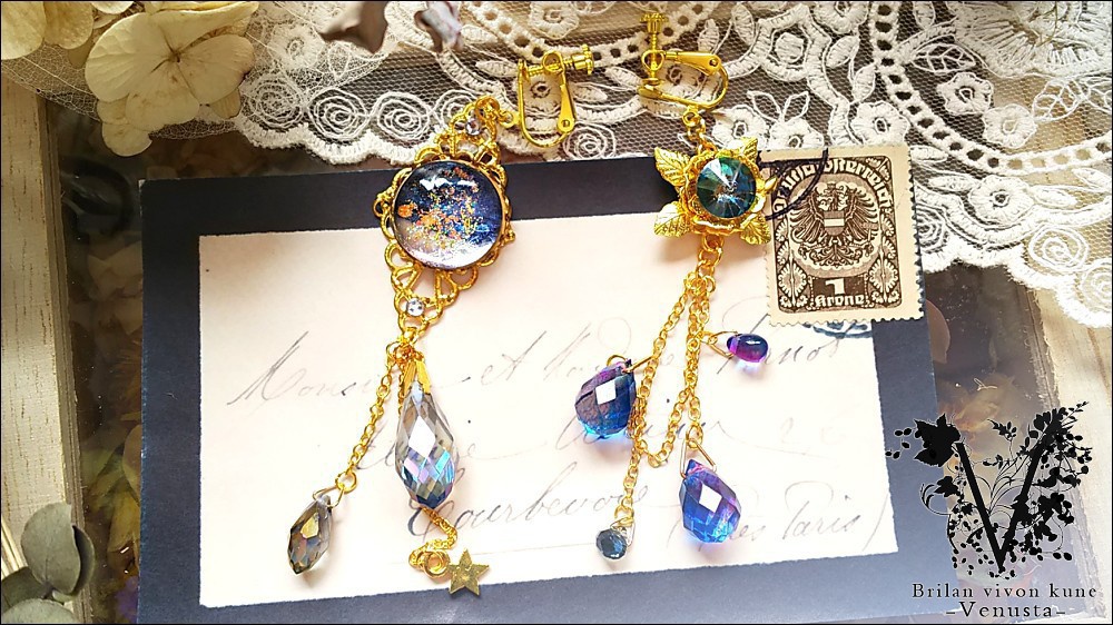 *輝く銀河と艶やかな夜の雫-アシンメトリーイヤリング-*