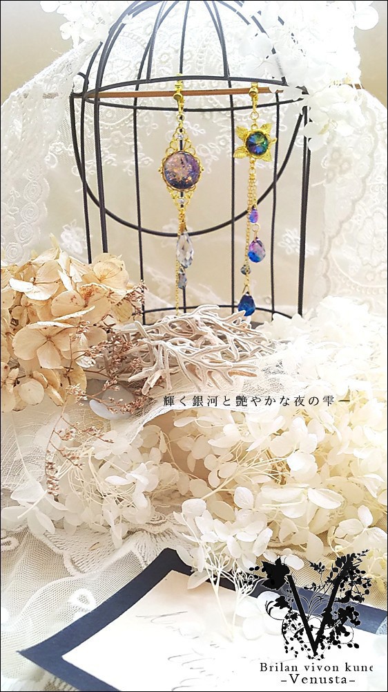 *輝く銀河と艶やかな夜の雫-アシンメトリーイヤリング-*