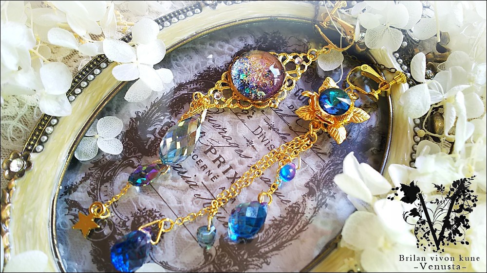 *輝く銀河と艶やかな夜の雫-アシンメトリーイヤリング-*