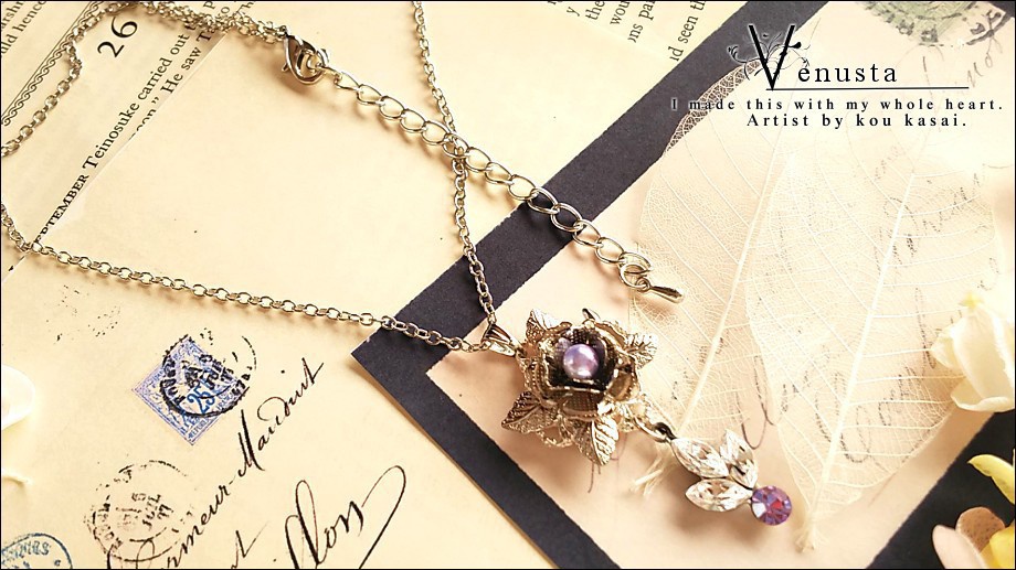 *優雅なクリスタル×ヴァイオレット-ヴィンテージガラスのシンプルネックレス-*